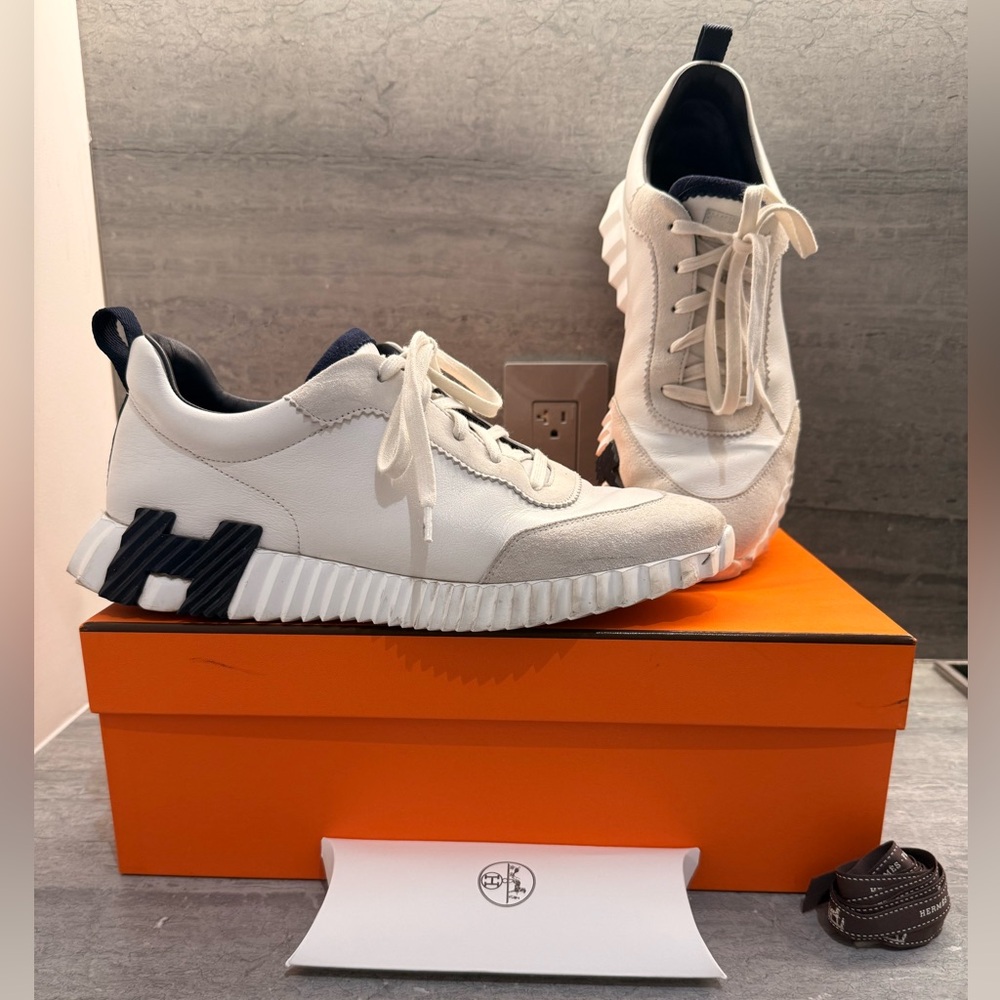 Authentic Hermes White and Navy Bouncing Sneakers 43 EU 10 US